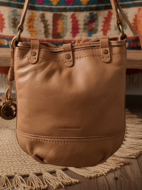 Lucky Brand Handbags - Vintage Lucky Brand Mini Leather Drawstring Bucket Crossbody Bag Tan Boho Y2K.